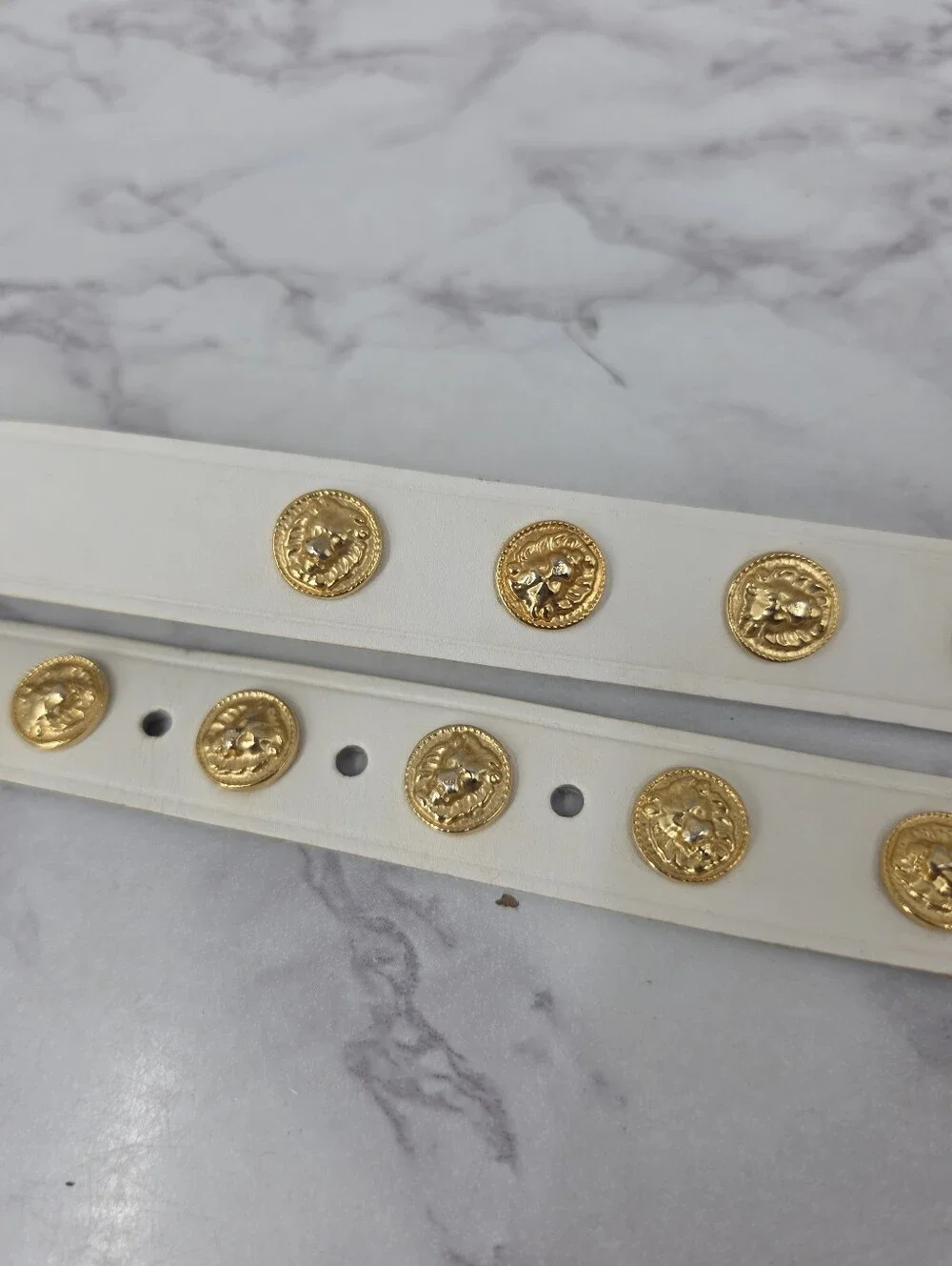 Vintage White Italian Leather Belt with Gold Tone Lion Head Medallion Studs